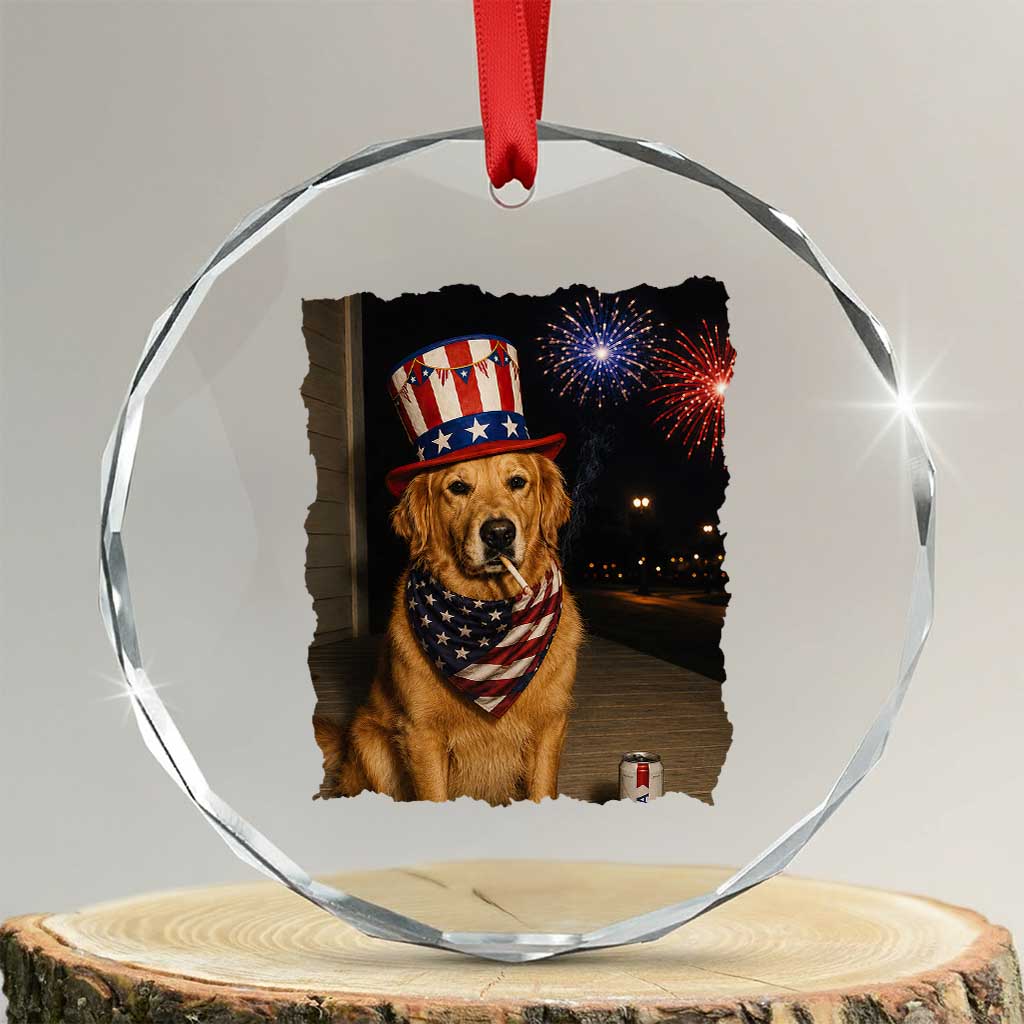 Patriotic Smoking Golden Retriever Crystal Glass Ornament Funny Dog Lover Dad 4th Of July