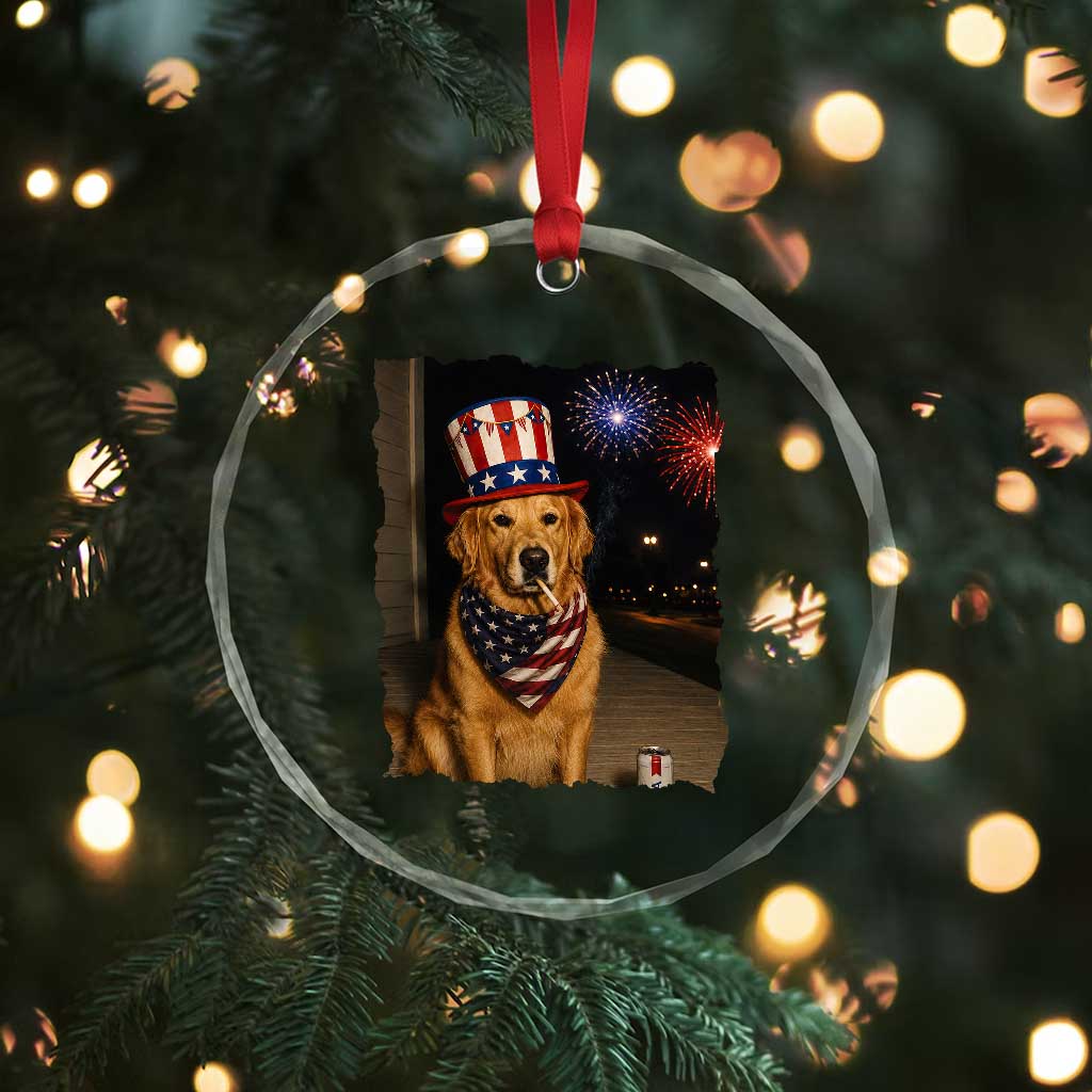 Patriotic Smoking Golden Retriever Crystal Glass Ornament Funny Dog Lover Dad 4th Of July