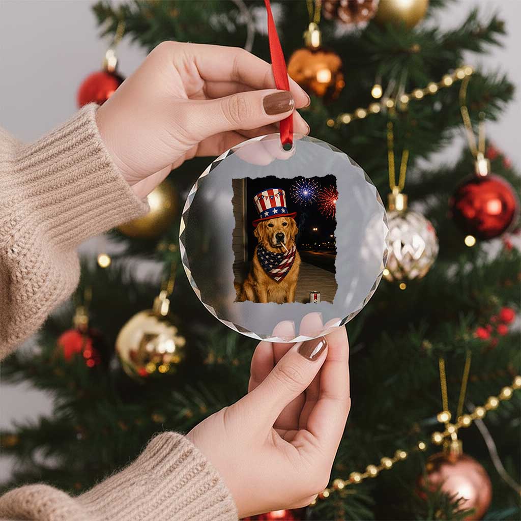 Patriotic Smoking Golden Retriever Crystal Glass Ornament Funny Dog Lover Dad 4th Of July