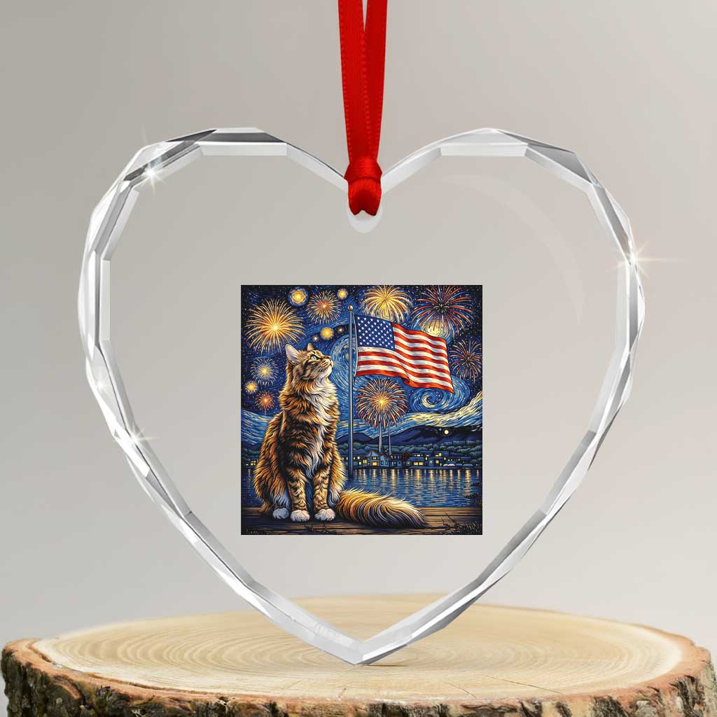 Patriotic Starry Night Cat Heart Crystal Glass Ornament Cat Lover Gift