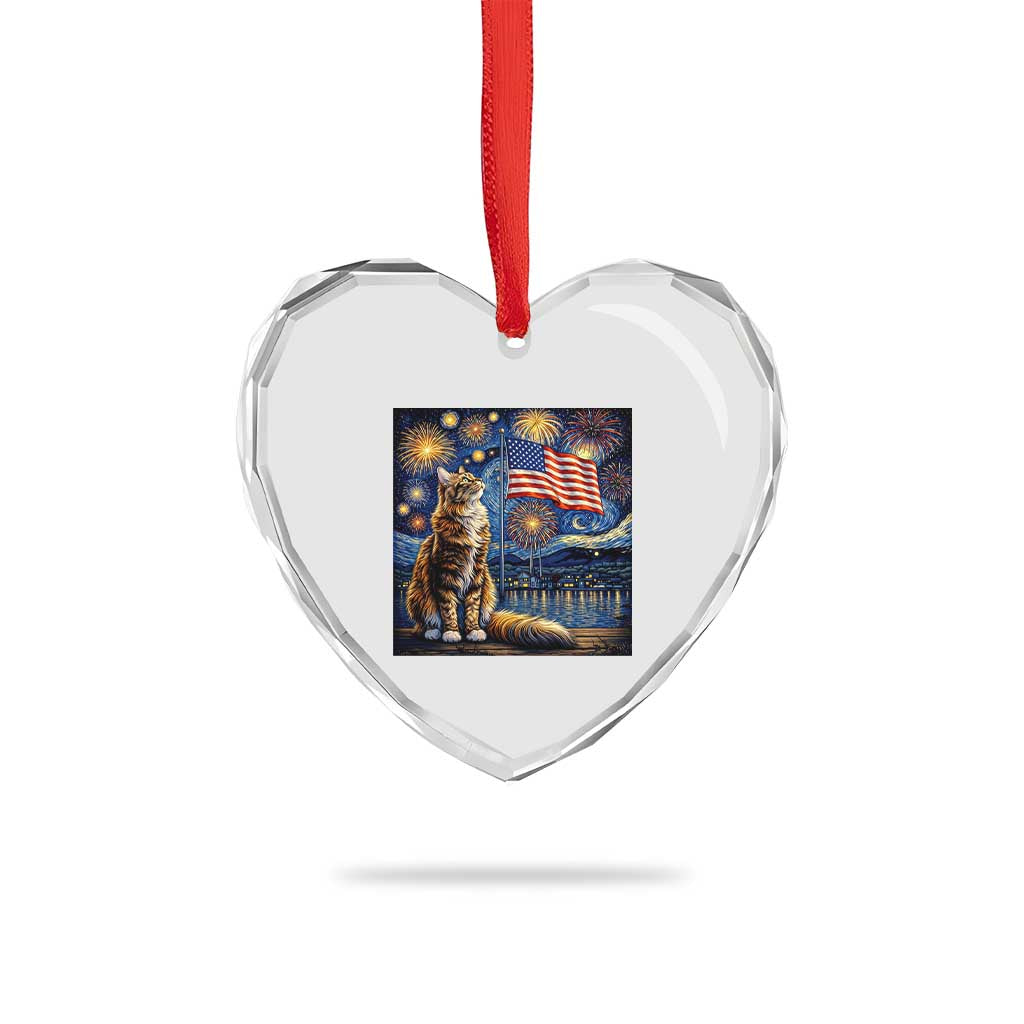 Patriotic Starry Night Cat Heart Crystal Glass Ornament Cat Lover Gift