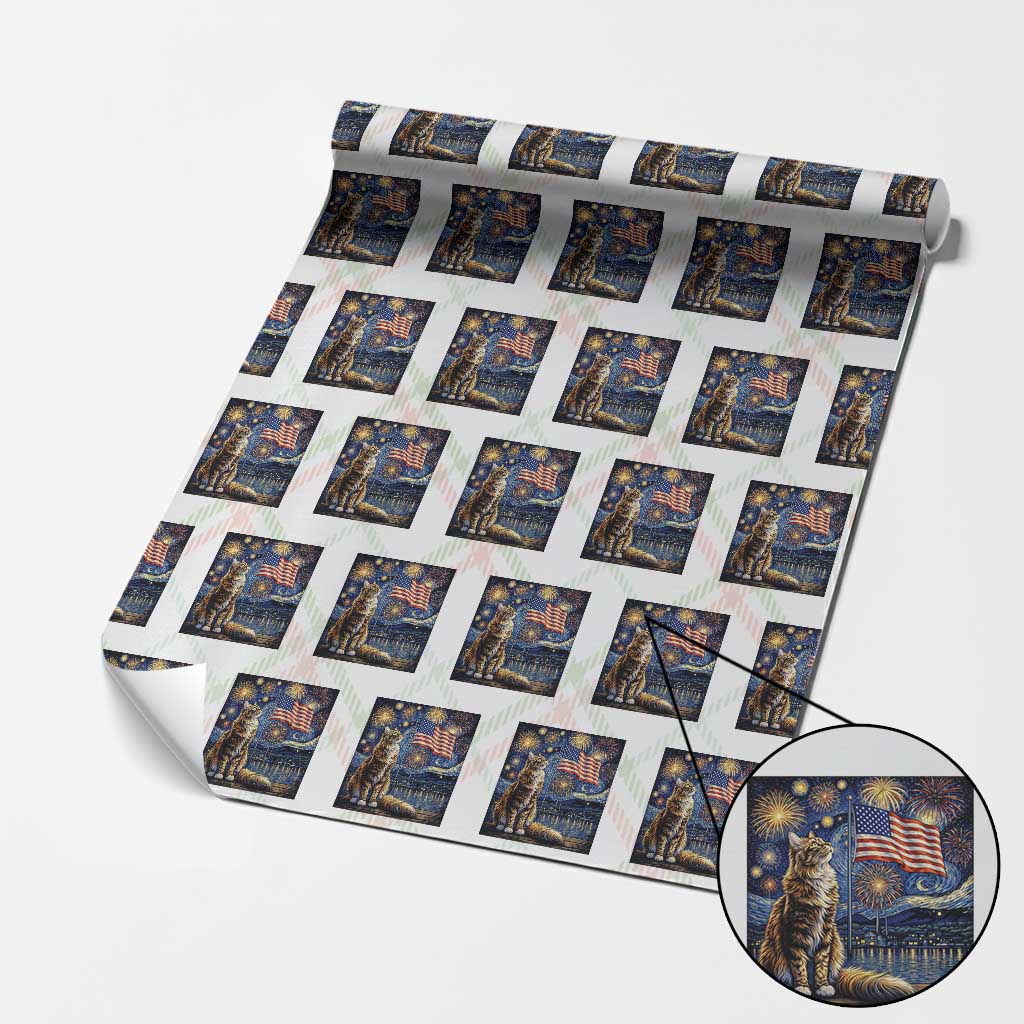 Patriotic Starry Night Cat Wrapping Paper Roll Cat Lover Gift