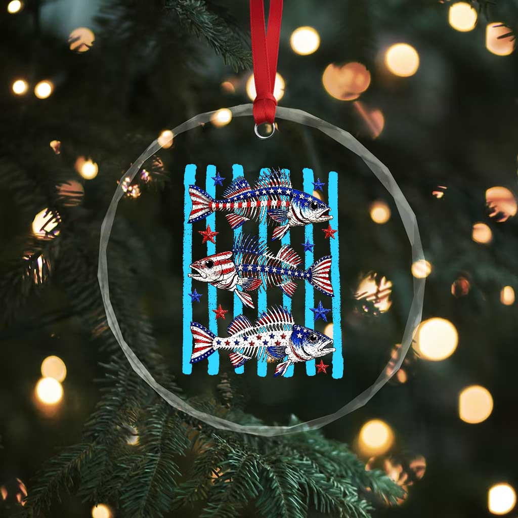 Patriotic Striped Bass Fishing Skeleton Crystal Glass Ornament USA Flag Angler Gift