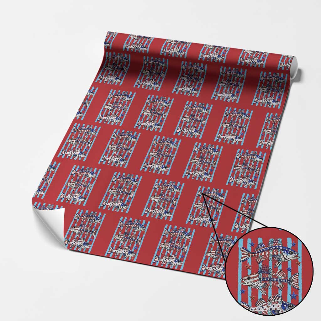 Patriotic Striped Bass Fishing Skeleton Wrapping Paper Roll USA Flag Angler Gift