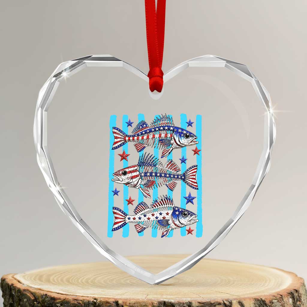 Patriotic Striped Bass Fishing Skeleton Heart Crystal Glass Ornament USA Flag Angler Gift