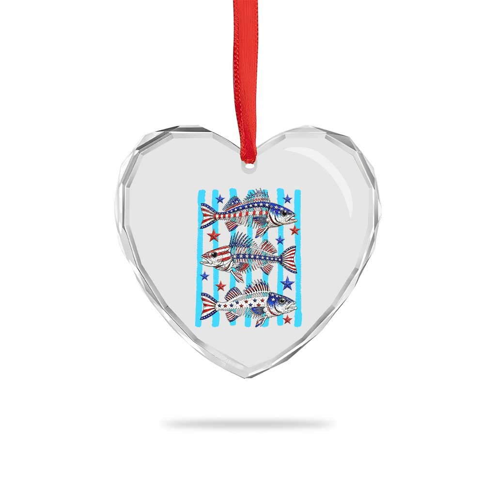 Patriotic Striped Bass Fishing Skeleton Heart Crystal Glass Ornament USA Flag Angler Gift