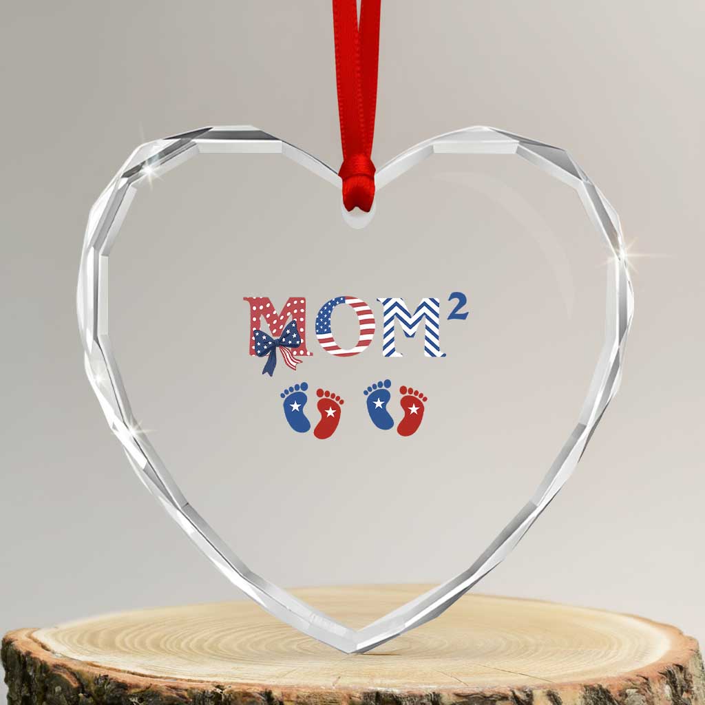Patriotic Twin Mom Announcement American Flag Gift Heart Crystal Glass Ornament