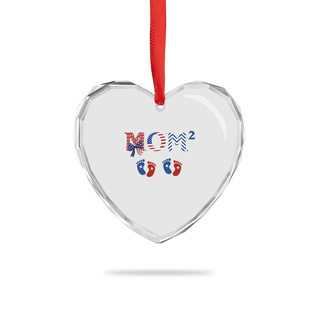 Patriotic Twin Mom Announcement American Flag Gift Heart Crystal Glass Ornament
