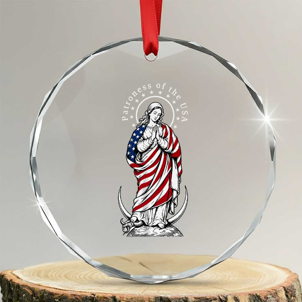 Patroness of the USA Virgin Mary Graphic Crystal Glass Ornament Patriotic American Flag Catholic Faith