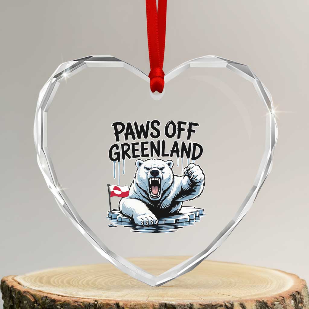 Paws Off Greenland Heart Crystal Glass Ornament Resist Polar Bear Political Satire