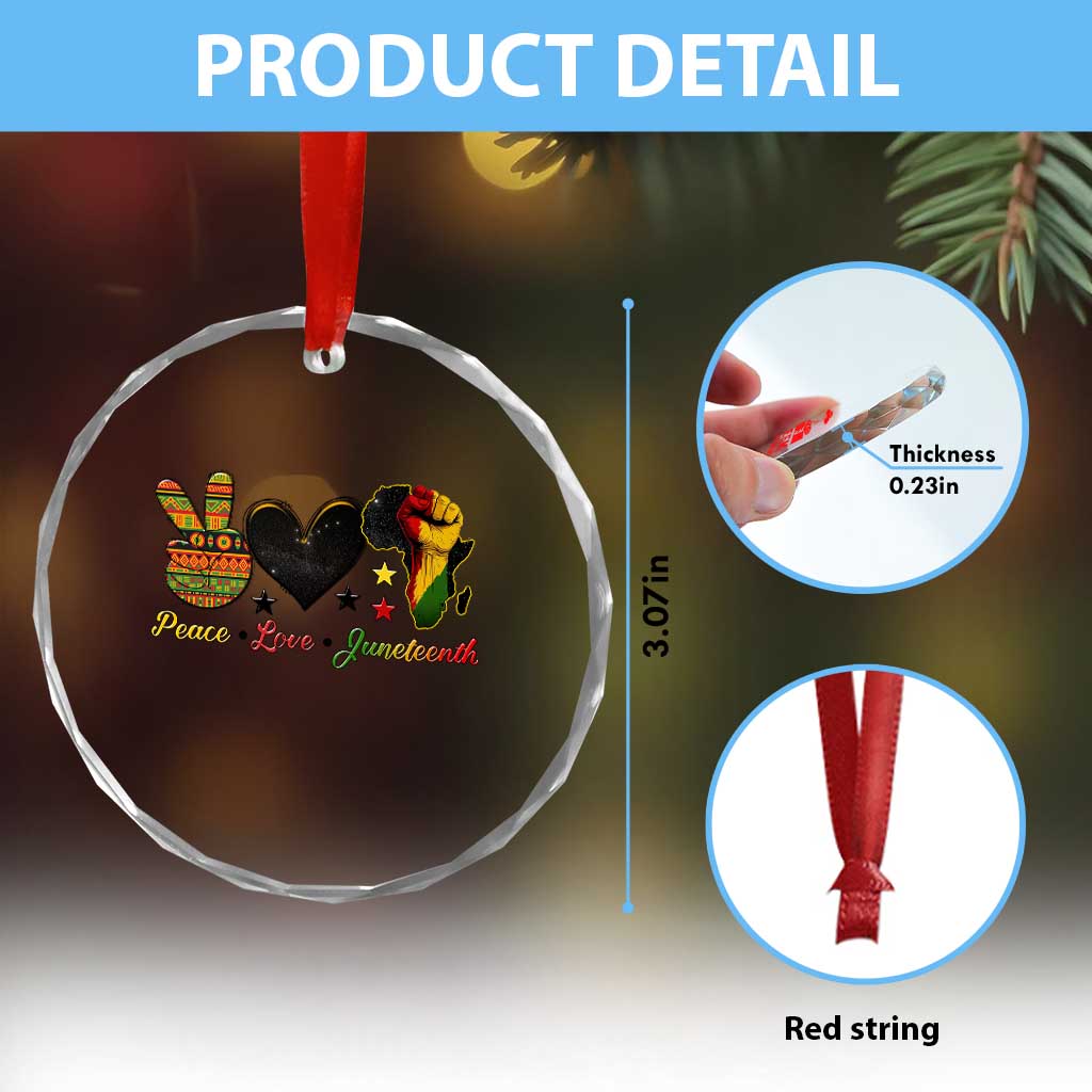 Peace Love Juneteenth Crystal Glass Ornament 1865 Heart Kente Peace Sign Africa Fist - Wonder Print Shop