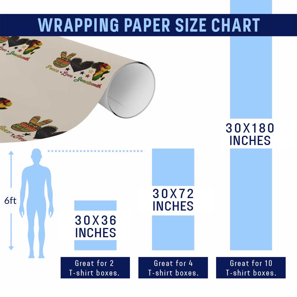 Peace Love Juneteenth Wrapping Paper Roll 1865 Heart Kente Peace Sign Africa Fist - Wonder Print Shop