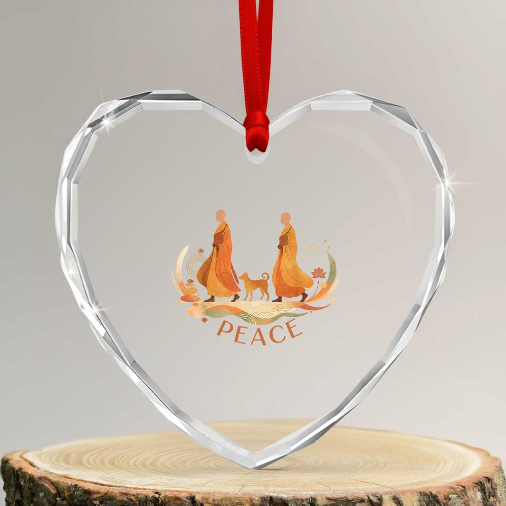 Peaceful Monks Walk with Aloka the Dog Heart Crystal Glass Ornament Zen Art Buddhism Harmony - Wonder Print Shop