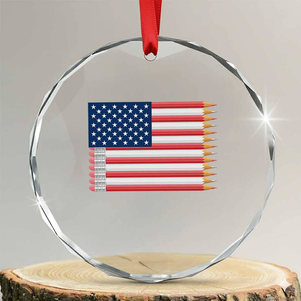 Pencil Stripes USA Flag Crystal Glass Ornament Proud American Teacher Graduation Gift