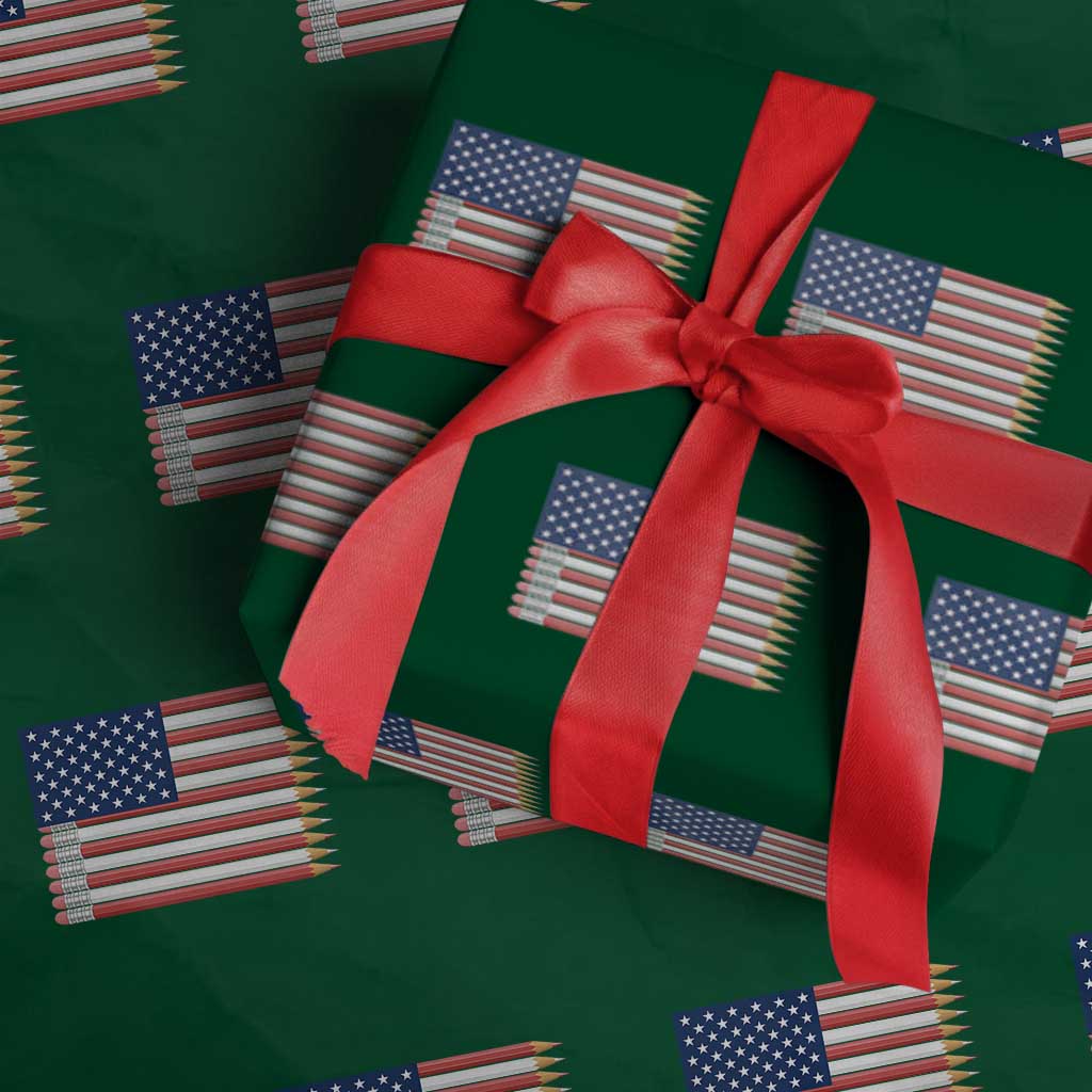 Pencil Stripes USA Flag Wrapping Paper Roll Proud American Teacher Graduation Gift