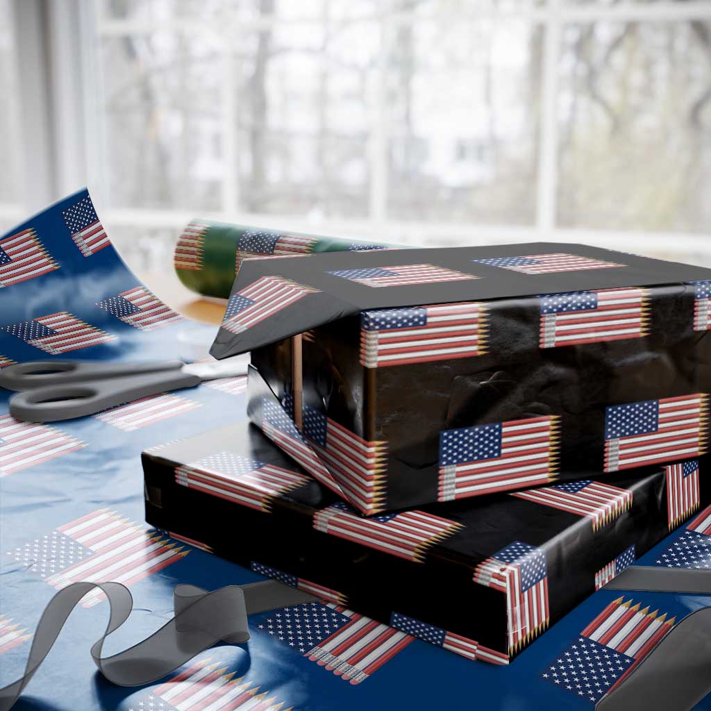 Pencil Stripes USA Flag Wrapping Paper Roll Proud American Teacher Graduation Gift