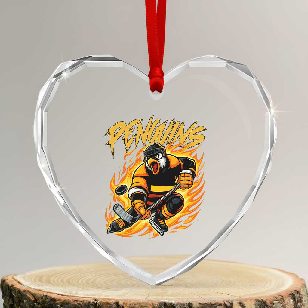 Penguin Playing Ice Hockey Heart Crystal Glass Ornament Funny Sports Fan Gift - Wonder Print Shop