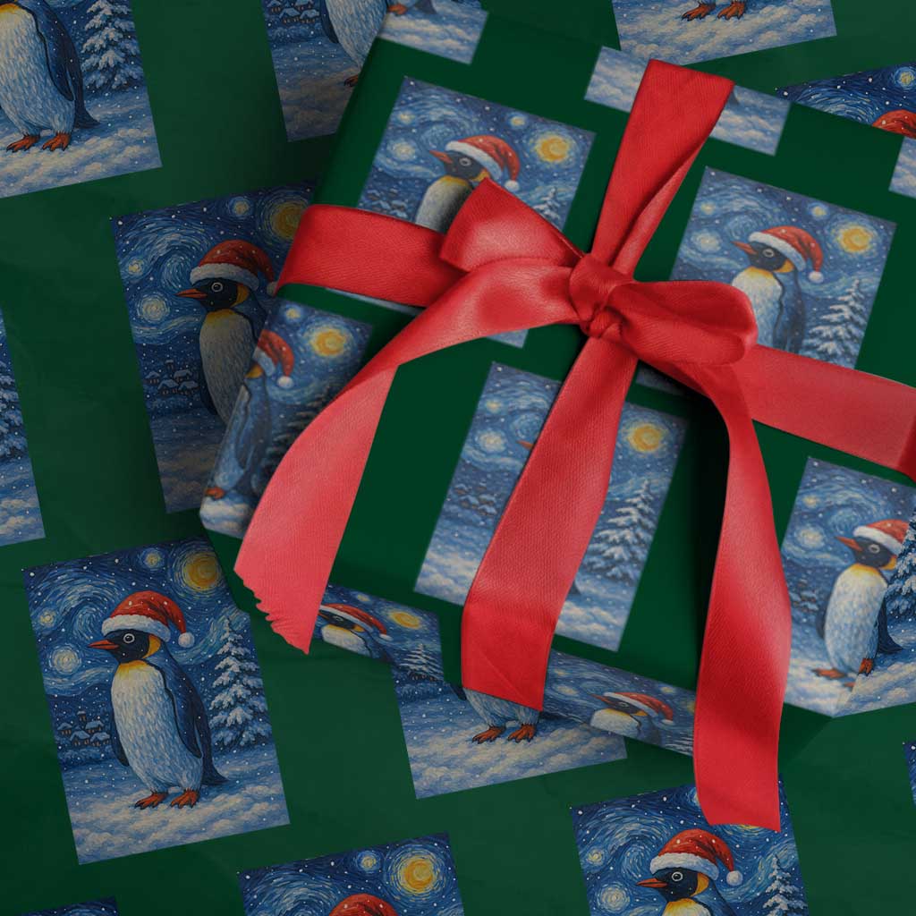 Penguin Xmas Wrapping Paper Roll Starry Night Van Gogh - Wonder Print Shop