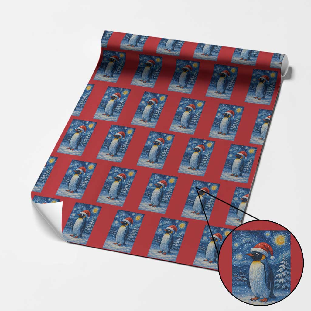 Penguin Xmas Wrapping Paper Roll Starry Night Van Gogh - Wonder Print Shop
