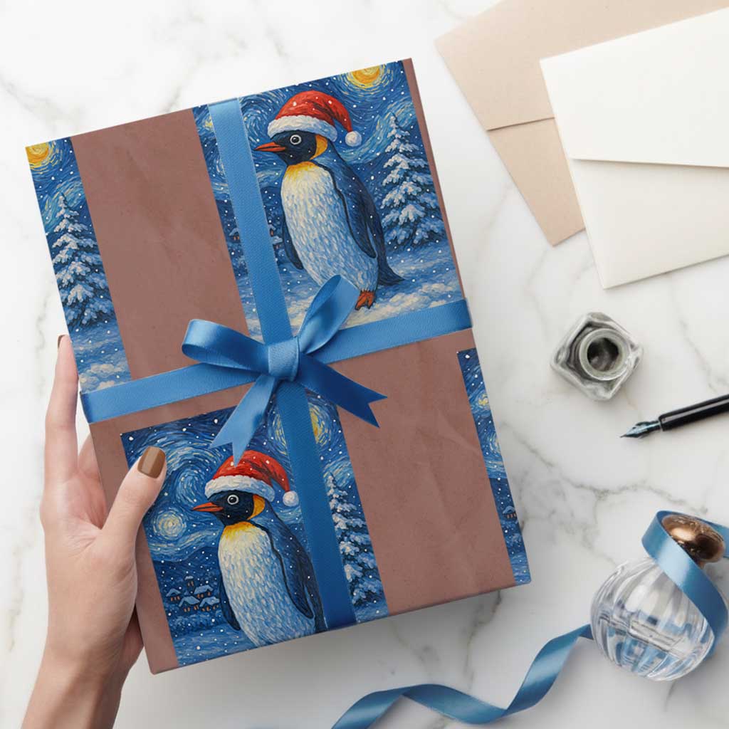 Penguin Xmas Wrapping Paper Roll Starry Night Van Gogh - Wonder Print Shop