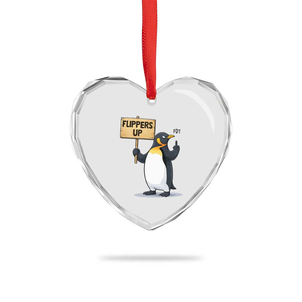Penguins Resist Heart Crystal Glass Ornament Flippers Up Protest