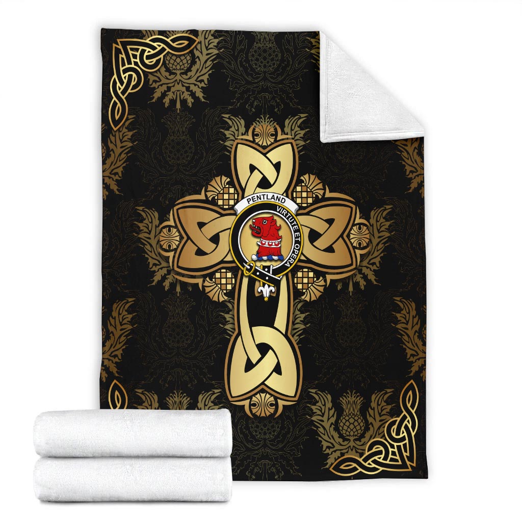 pentland-clan-crest-golden-celtic-cross-thistle-style-blanket