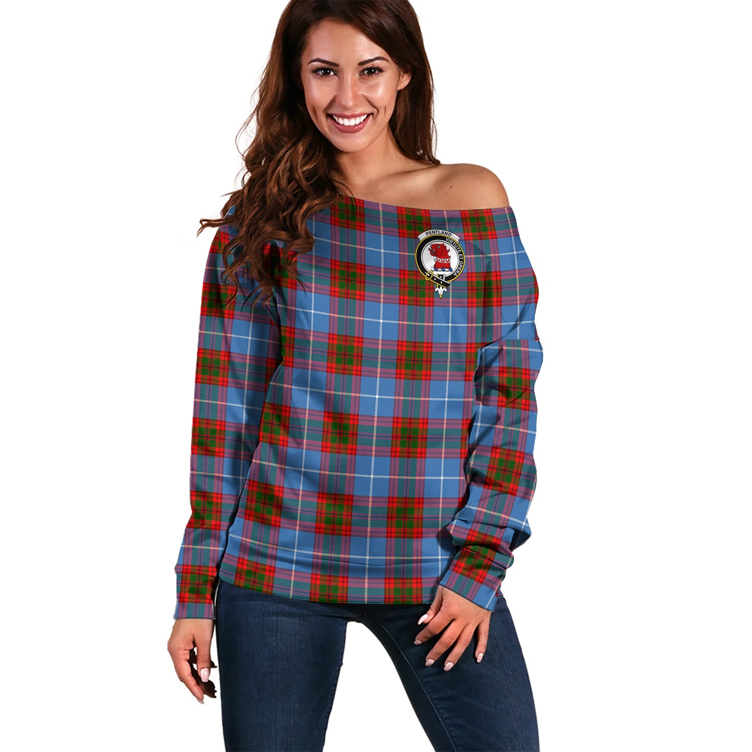 pentland-clan-tartan-off-shoulder-sweater-family-crest-sweater-for-women