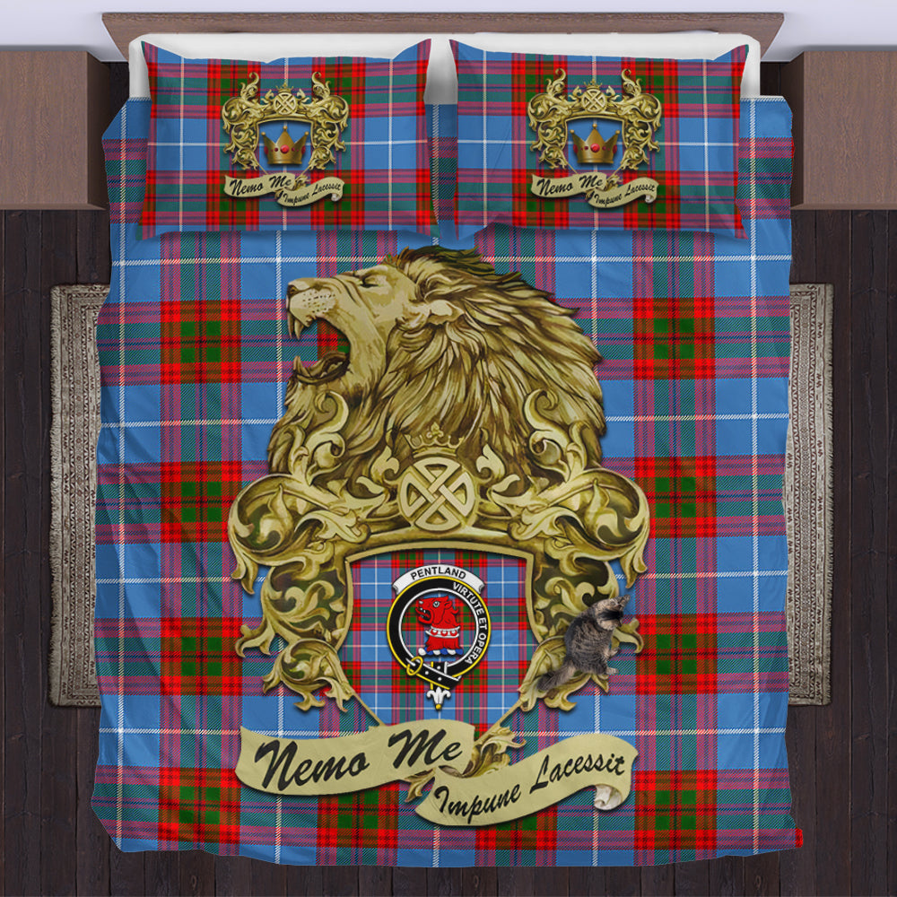 pentland-tartan-bedding-set-motto-nemo-me-impune-lacessit-with-vintage-lion-family-crest-tartan-plaid-duvet-cover-scottish-tartan-plaid-comforter-vintage-style