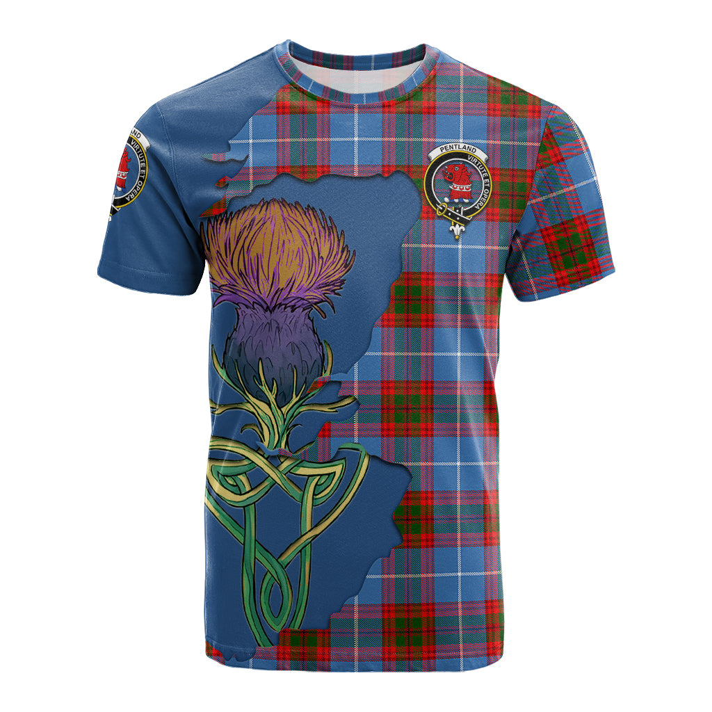 pentland-tartan-family-crest-t-shirt-tartan-plaid-with-thistle-and-scotland-map-t-shirt