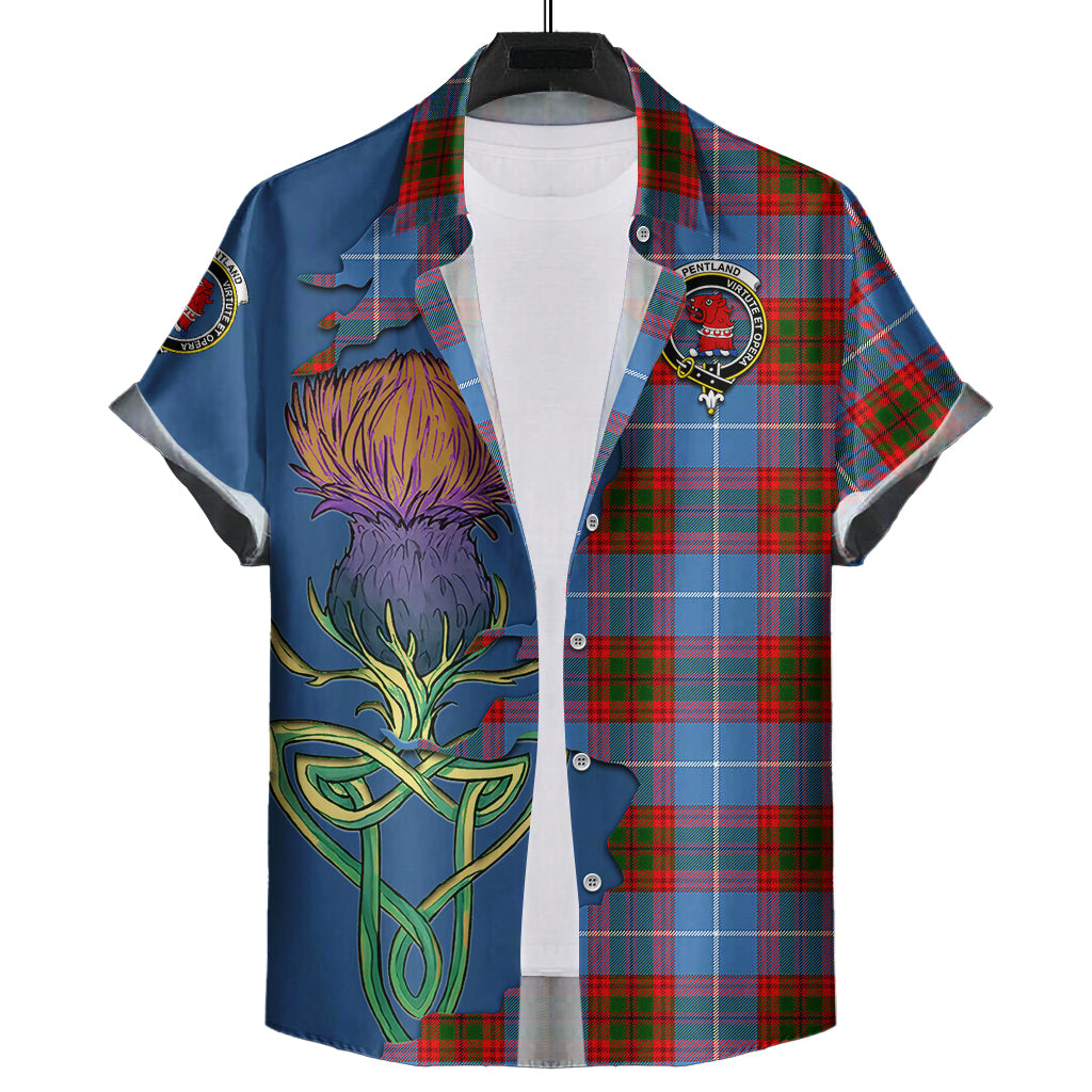 pentland-tartan-plaid-short-sleeve-button-down-shirt-tartan-crest-with-thistle-and-scotland-map-short-sleeve-button-shirt