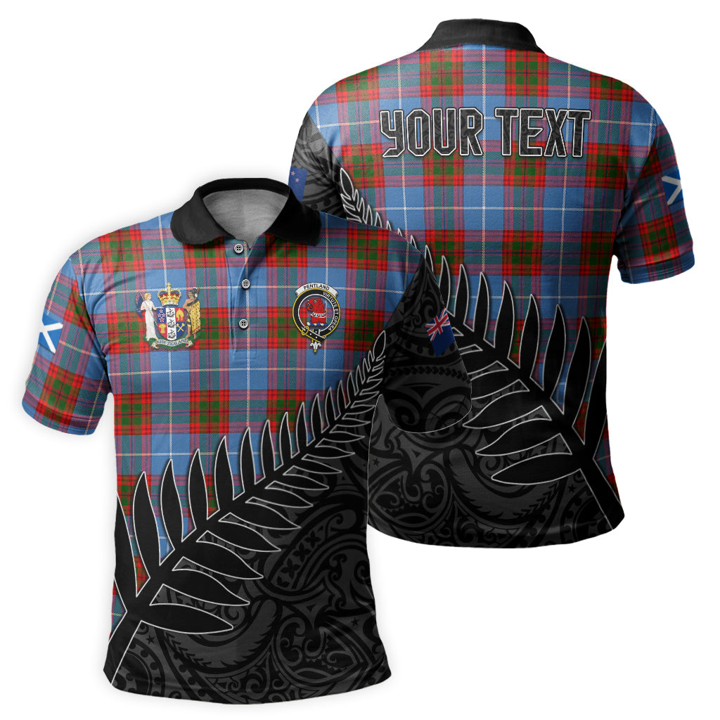 pentland-tartan-family-crest-golf-shirt-with-fern-leaves-and-coat-of-arm-of-new-zealand-personalized-your-name-scottish-tatan-polo-shirt