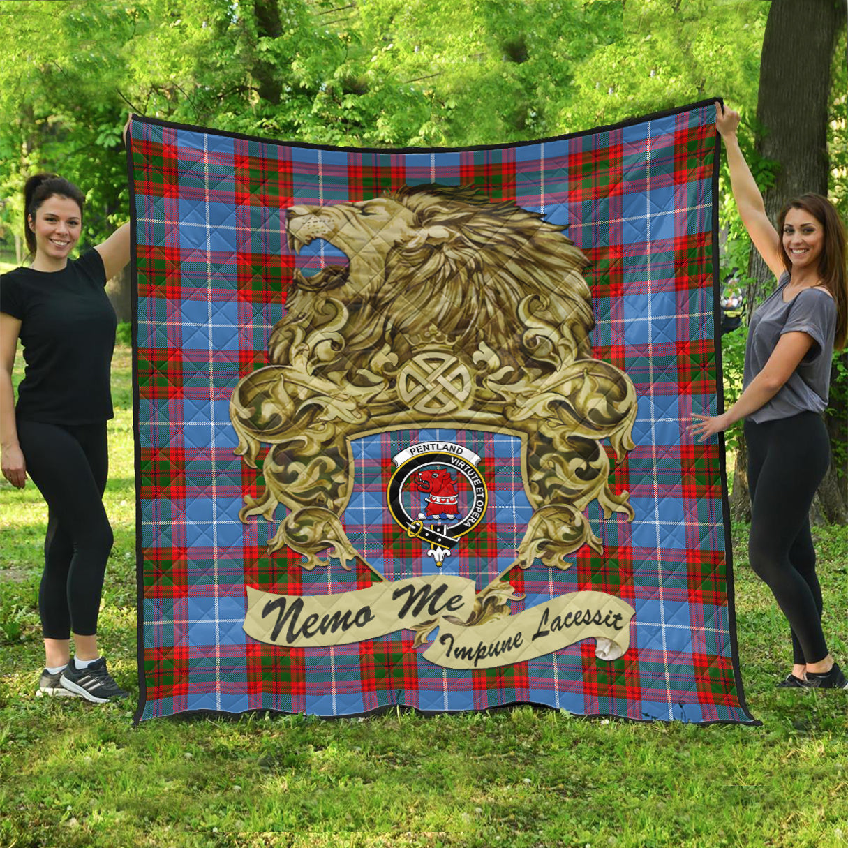 pentland-tartan-quilt-with-motto-nemo-me-impune-lacessit-with-vintage-lion-family-crest-tartan-quilt-pattern-scottish-tartan-plaid-quilt-vintage-style