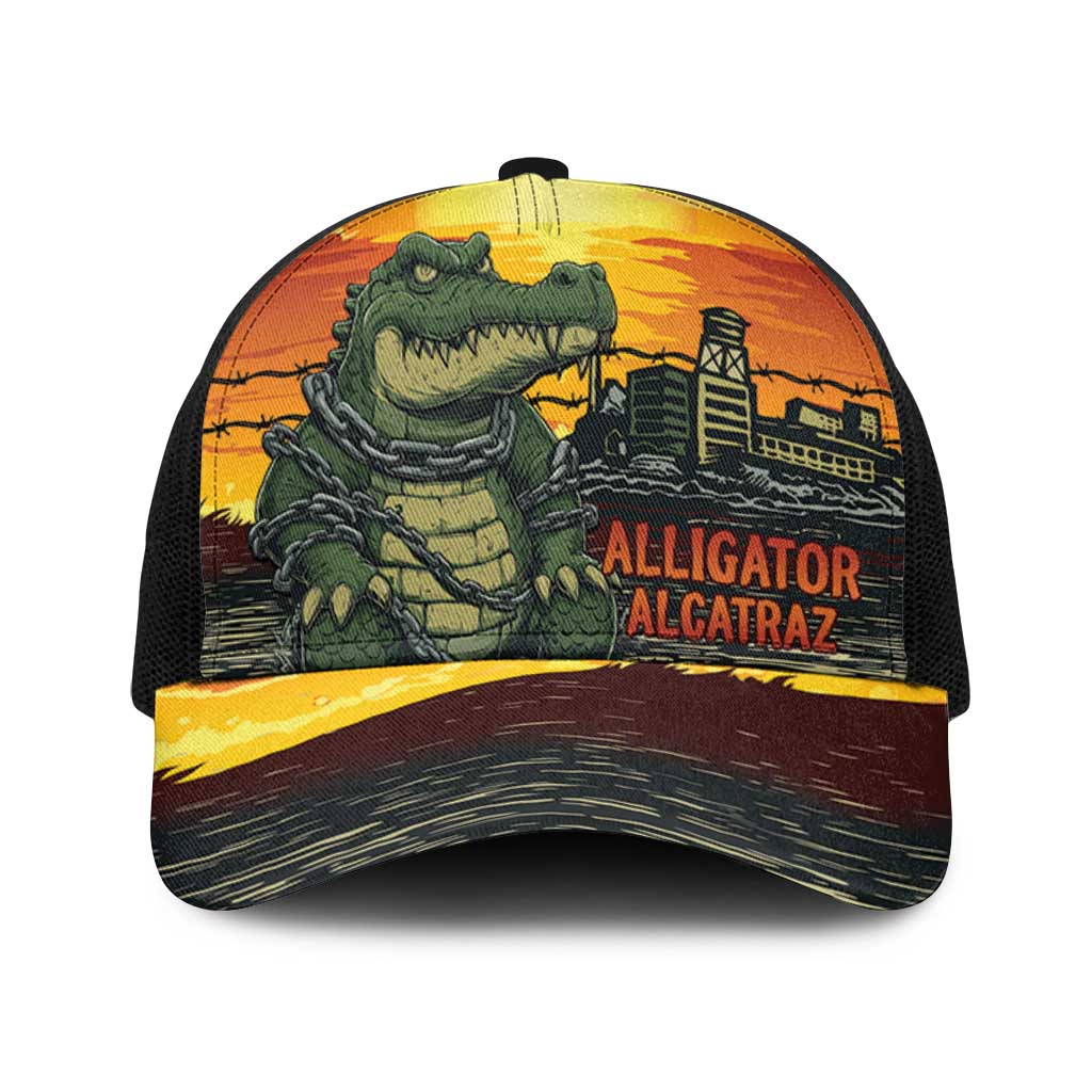 Personalized Alligator Alcatraz Mesh Trucker Cap Gator Island Prison Retro Sunset - Wonder Print Shop