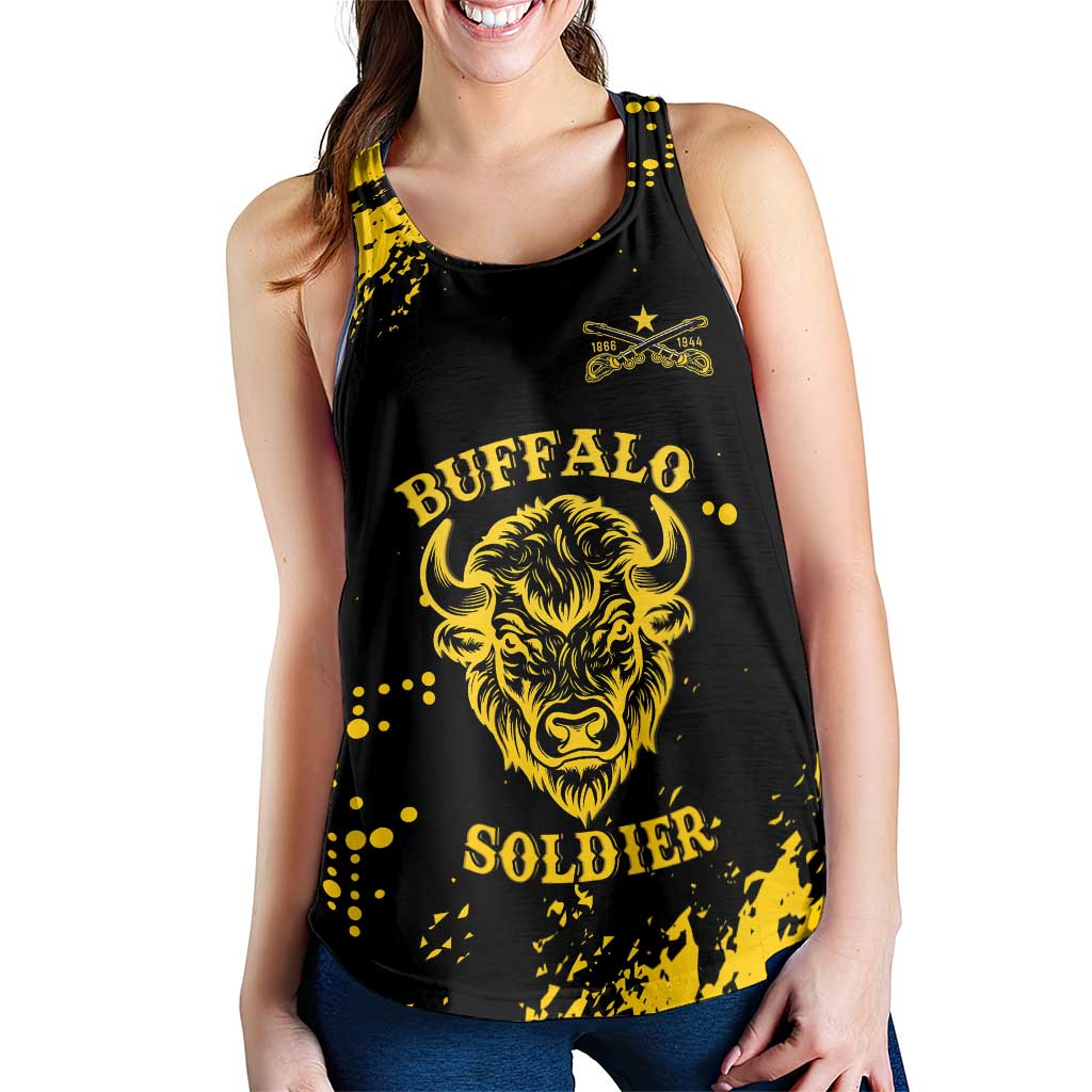 Personalized Bison Buffalo Soldiers Women Racerback Tank American Heroes Black Grunge Style - Wonder Print Shop