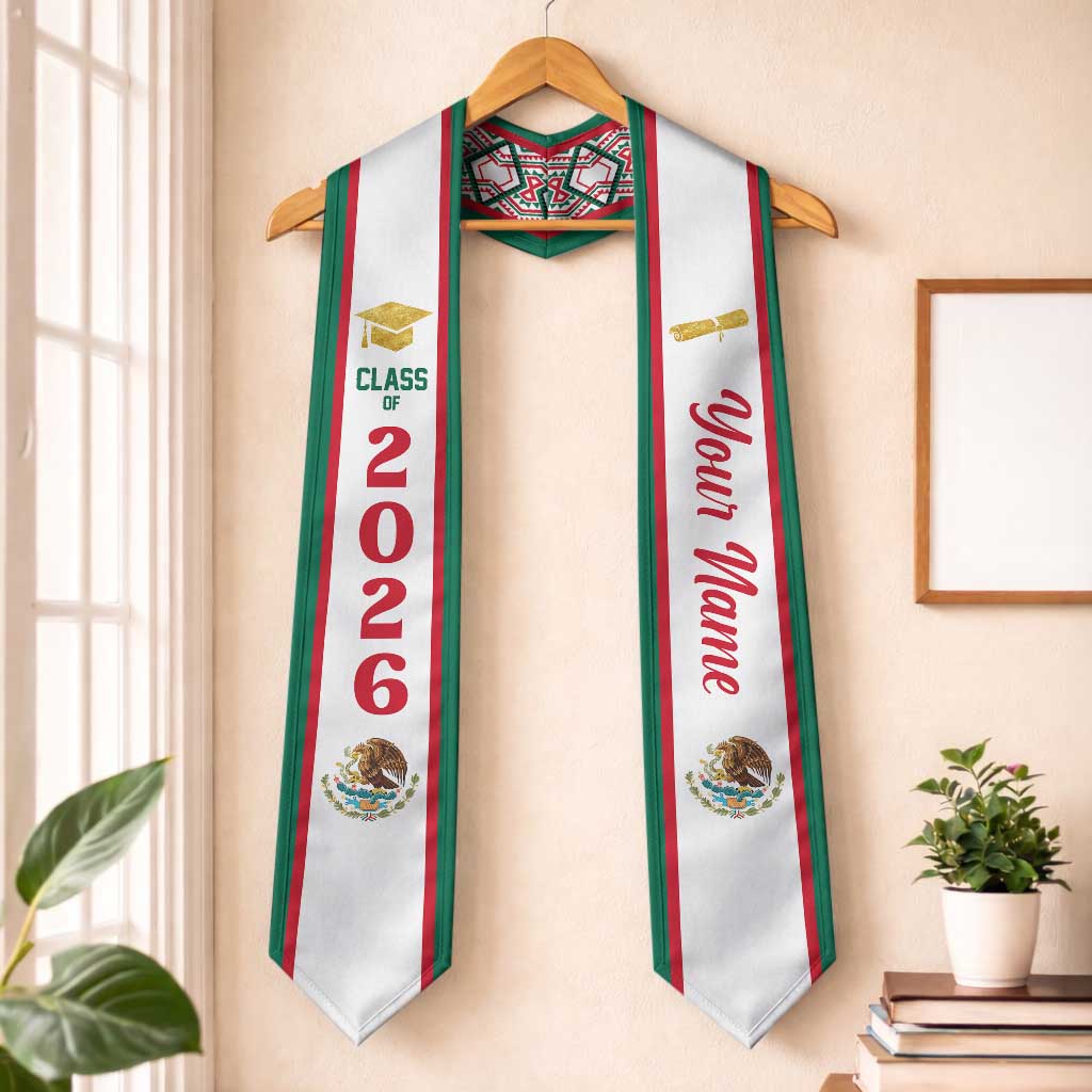 Personalized Mexico Graduation Stole Coat of Arm Aztec Pattern
