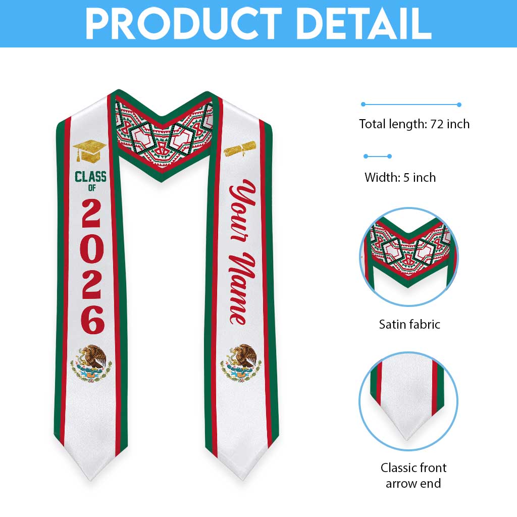 Personalized Mexico Graduation Stole Coat of Arm Aztec Pattern