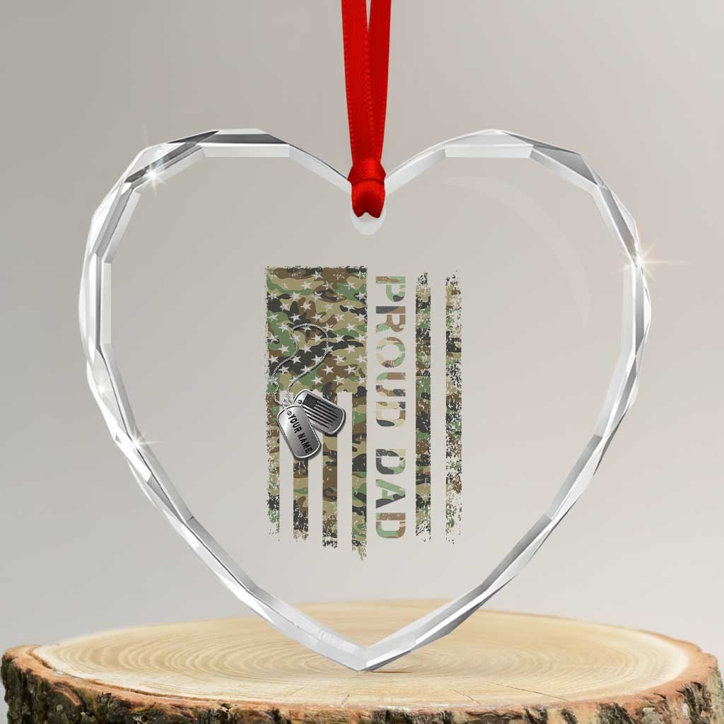 Personalized Proud Army Dad Heart Crystal Glass Ornament Custom Name Dog Tag Camo American Flag Gift
