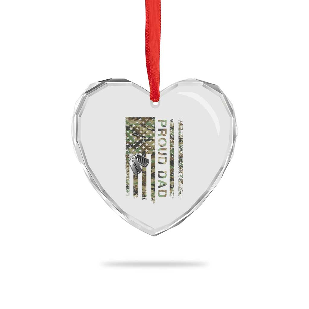 Personalized Proud Army Dad Heart Crystal Glass Ornament Custom Name Dog Tag Camo American Flag Gift