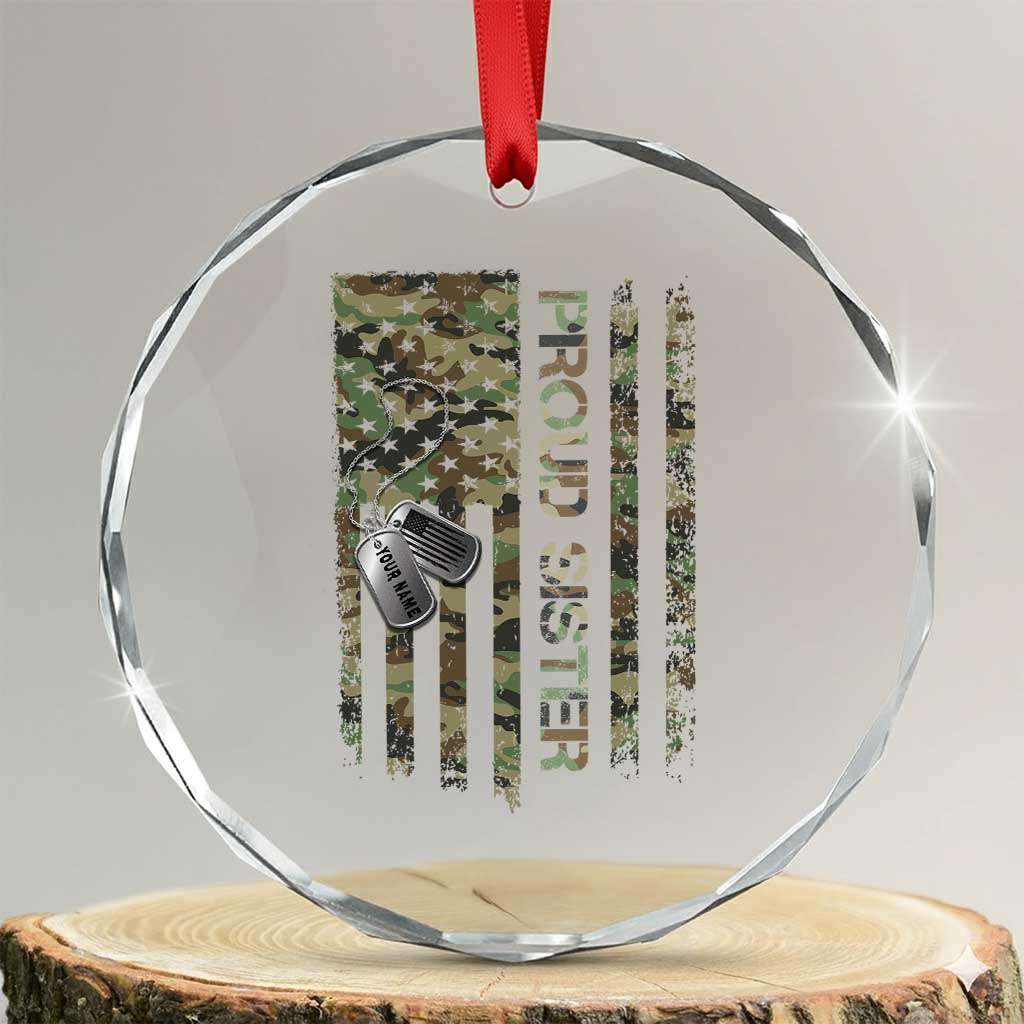 Personalized Proud Army Sister Crystal Glass Ornament Custom Name Dog Tag Camo American Flag Gift