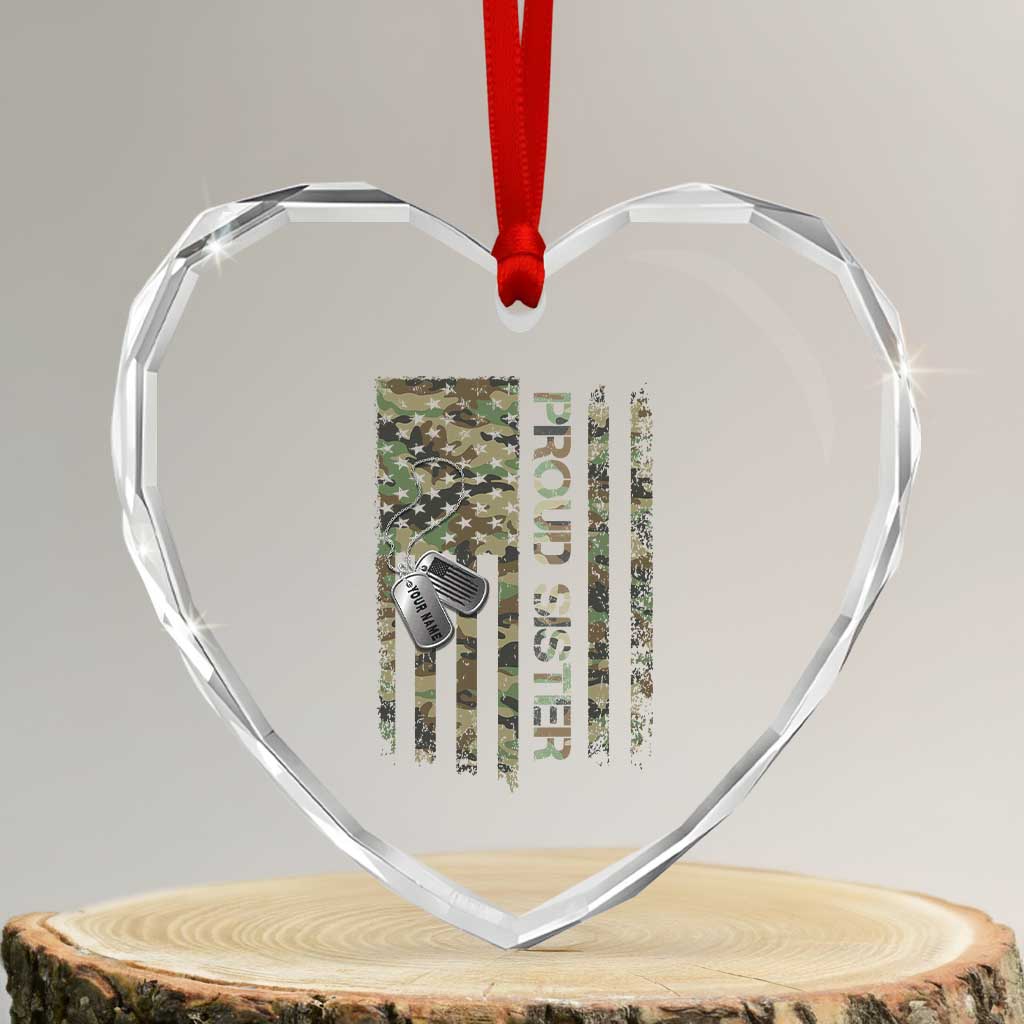 Personalized Proud Army Sister Heart Crystal Glass Ornament Custom Name Dog Tag Camo American Flag Gift