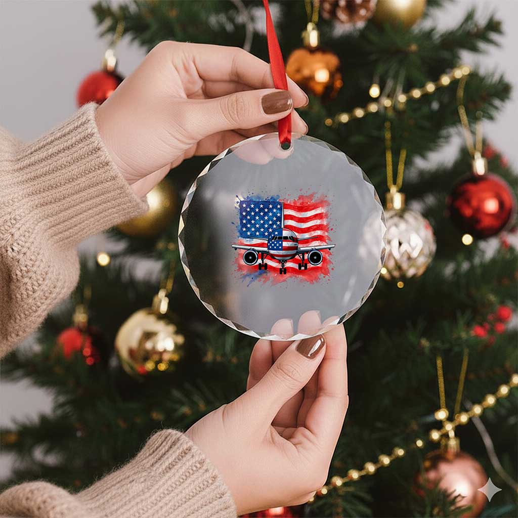 Pilot Airplane Patriotic American Flag Plane Aviation Crystal Glass Ornament - Wonder Print Shop