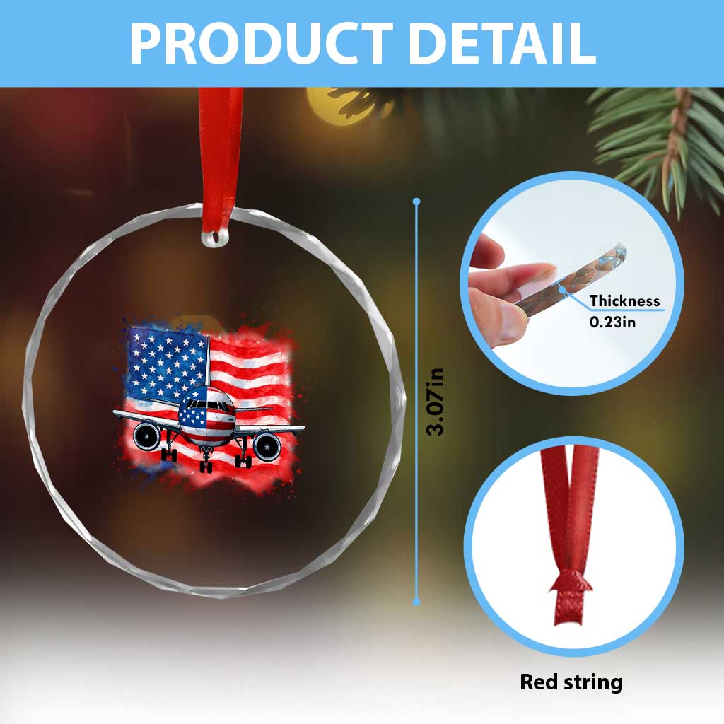 Pilot Airplane Patriotic American Flag Plane Aviation Crystal Glass Ornament - Wonder Print Shop