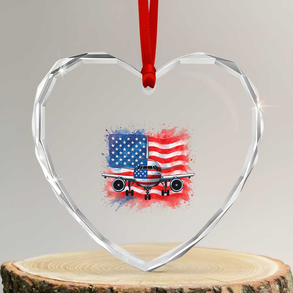 Pilot Airplane Patriotic American Flag Plane Aviation Heart Crystal Glass Ornament - Wonder Print Shop