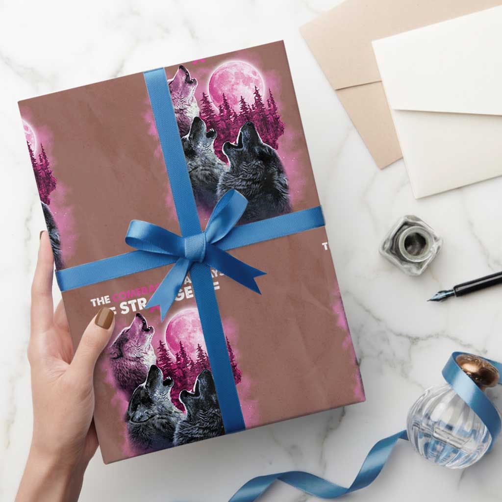 Pink Breast Cancer Wrapping Paper Roll Pink Ribbon Comeback Stronger Than Setback Wolf Moon - Wonder Print Shop