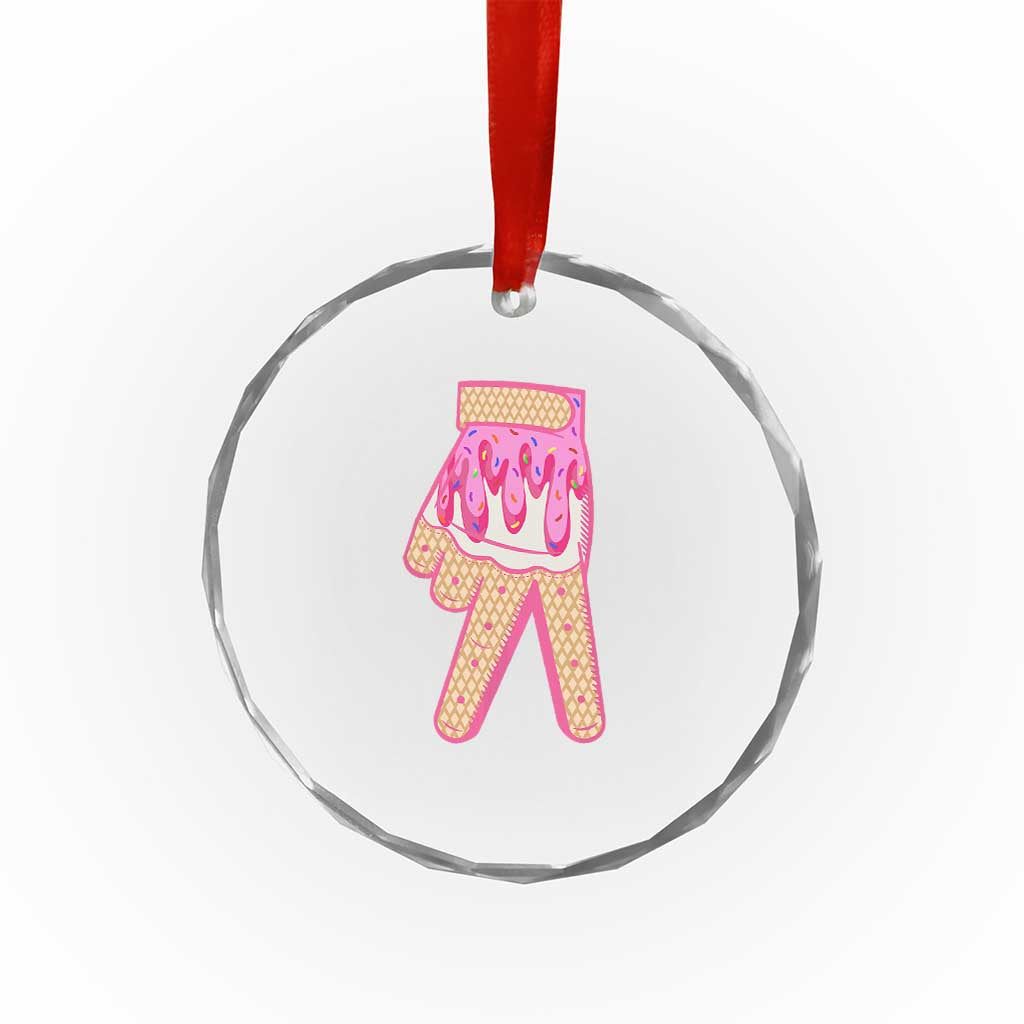 Pink Ice Cream Baseball Glove Sprinkles Drip Crystal Glass Ornament Funny V Sign - Wonder Print Shop