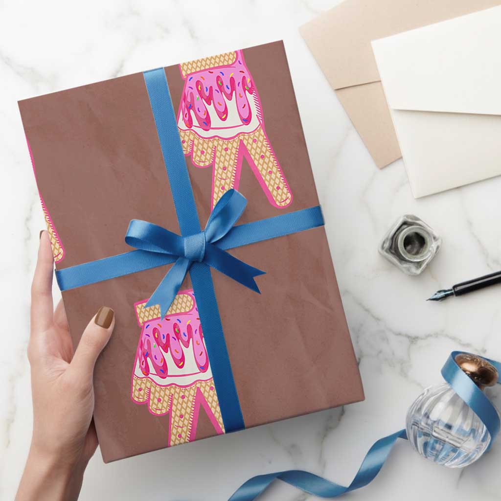 Pink Ice Cream Baseball Glove Sprinkles Drip Wrapping Paper Roll Funny V Sign - Wonder Print Shop