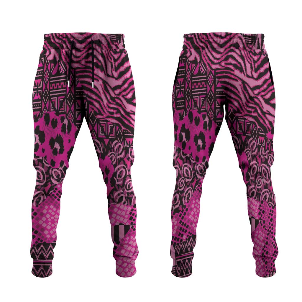 Pink Ribbon Animals Skin African Mixed Jogger Pants Zipper Stylized - Wonder Print Shop
