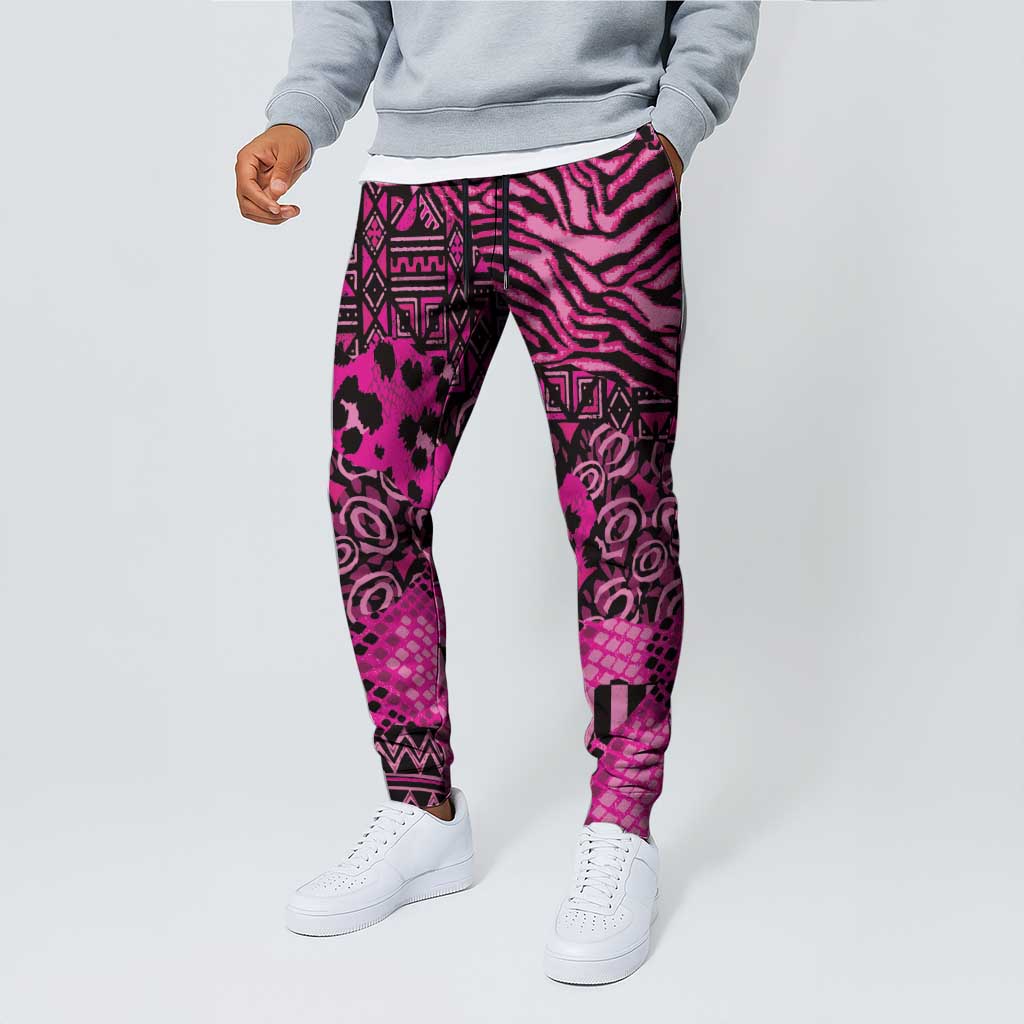 Pink Ribbon Animals Skin African Mixed Jogger Pants Zipper Stylized - Wonder Print Shop