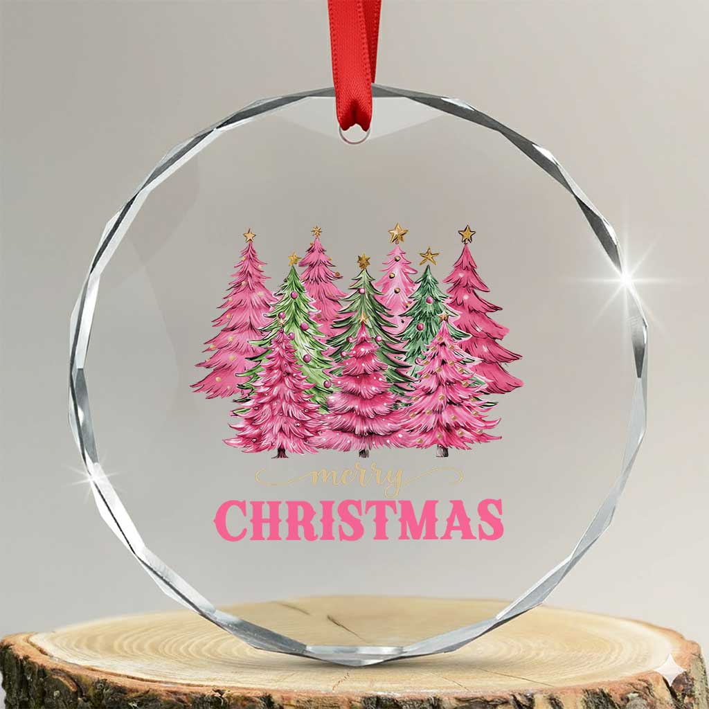 Pink Xmas Tree Farm Crystal Glass Ornament Merry Xmas Ornaments Family Holiday Pajamas - Wonder Print Shop