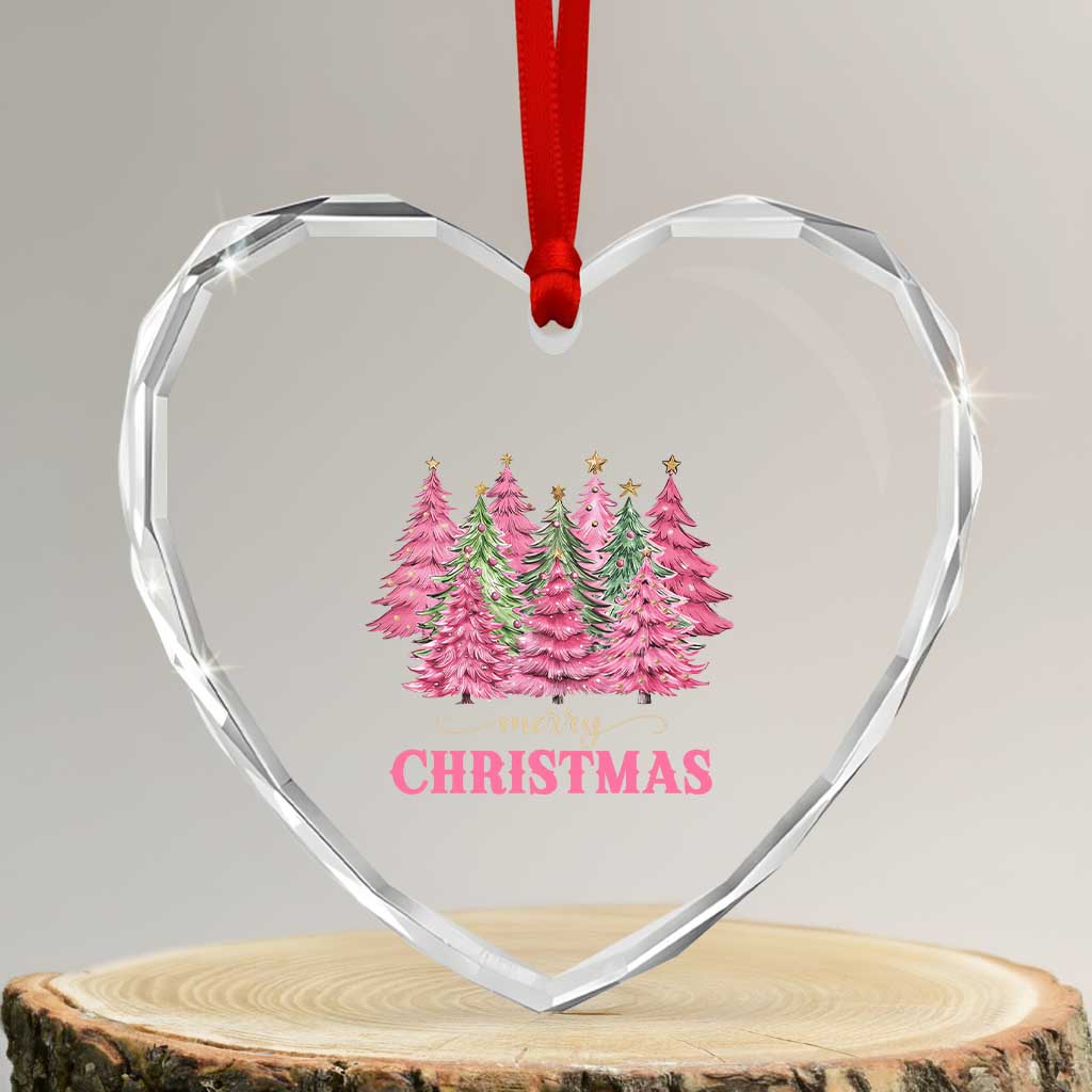 Pink Xmas Tree Farm Heart Crystal Glass Ornament Merry Xmas Ornaments Family Holiday Pajamas - Wonder Print Shop